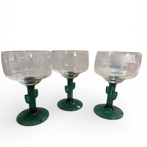 Set of 3 Cactus Stem Margarita Glasses Green Barware 7”